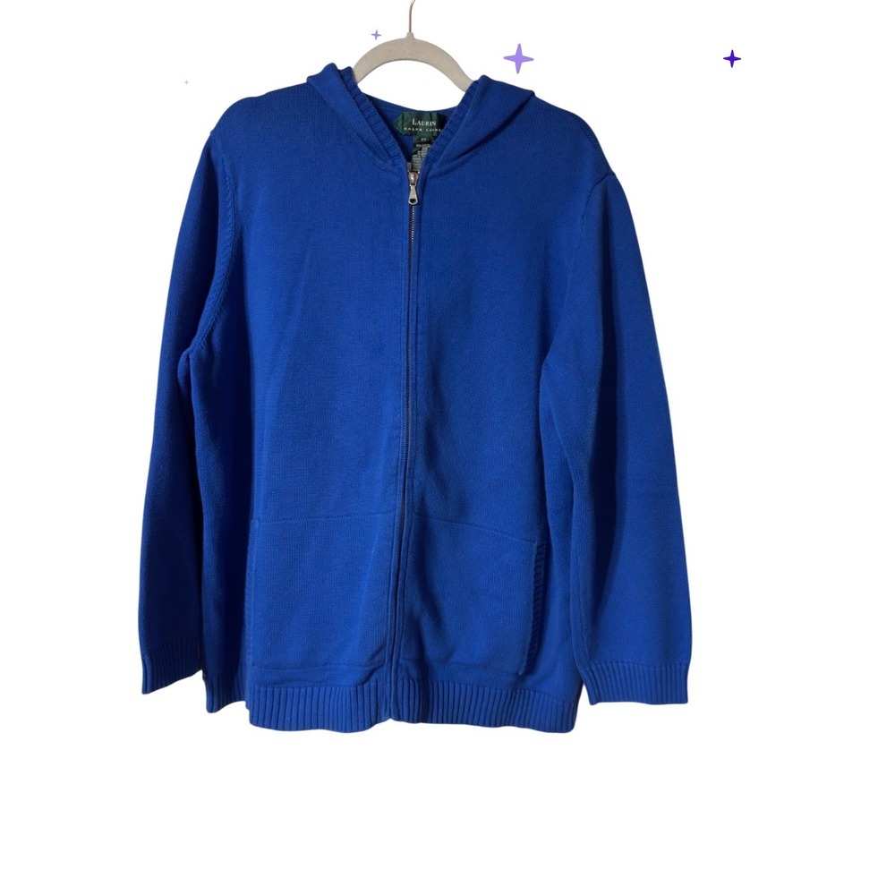 Lauren Ralph Lauren Blue Cotton Knit Full Zip Hoodie Sweater Womens 2X